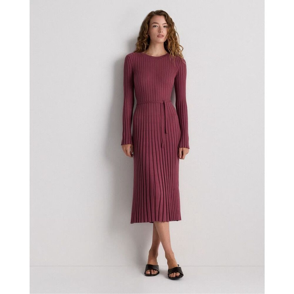 Quince Cotton Cashmere Ribbed Long Sleeve Crew Midi Dress in Crushed Berry Purpl